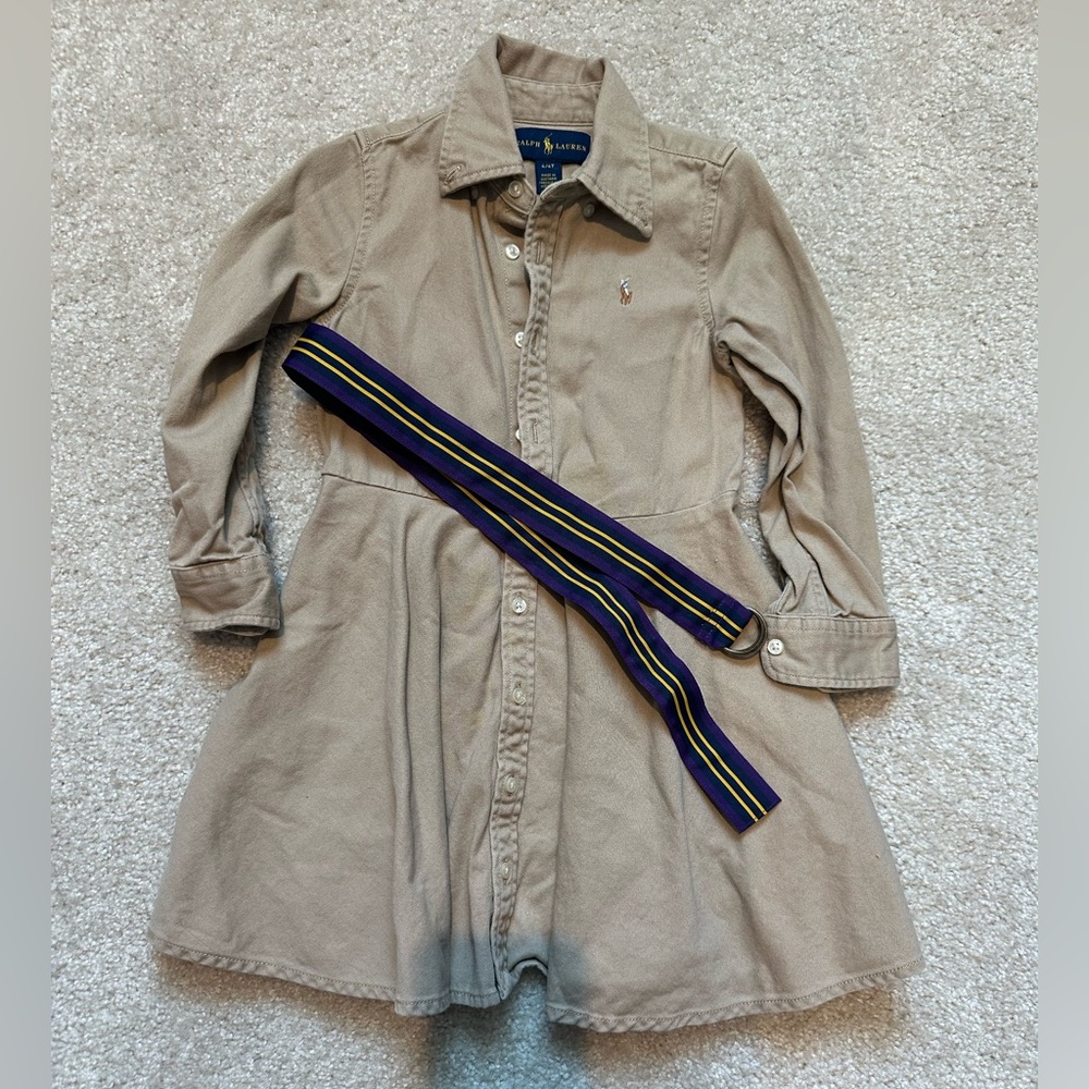 Polo by Ralph Lauren Tan Shirt Dress with Navy & Yellow Stripe Belt